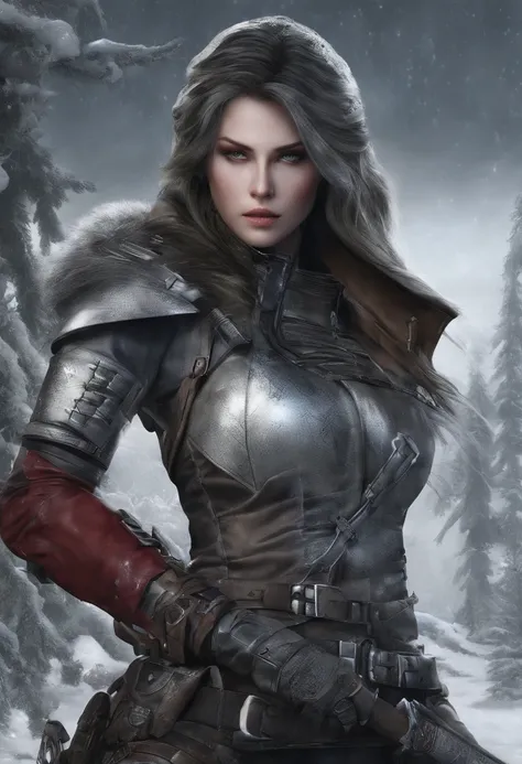 Cirilla Fiona Elen Riannon，Highest image quality，Outstanding details，超高分辨率，（Fidelity：1.4）, Favor the details，closeup cleavage，dawn，Snow，winter，Wizard Sword，He has a delicate and beautiful face，Red Japanese oni armor，Raised sexy，frontage，cyber punk perssona...