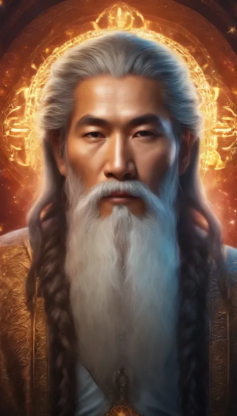 35-year-old middle-aged Asian man，Long hair，Long beard，staring right into camera，Meditate cross-legged, at centre，Clear facial features，Very bright colors, Light particles, with light glowing, Mshiv, wallpaper art, UHD wallpaper