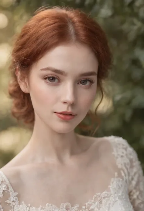 photoshoot of deborahWolf1, (redhair), (short frizzy hair)，sweet,detailed skin texture, (blush:0.2), (goosebumps:0.3), (white floral dress), subsurface scattering, Photorealistic, Hyperrealistic, analog style,demure, detailed skin, matte skin, soft lightin...