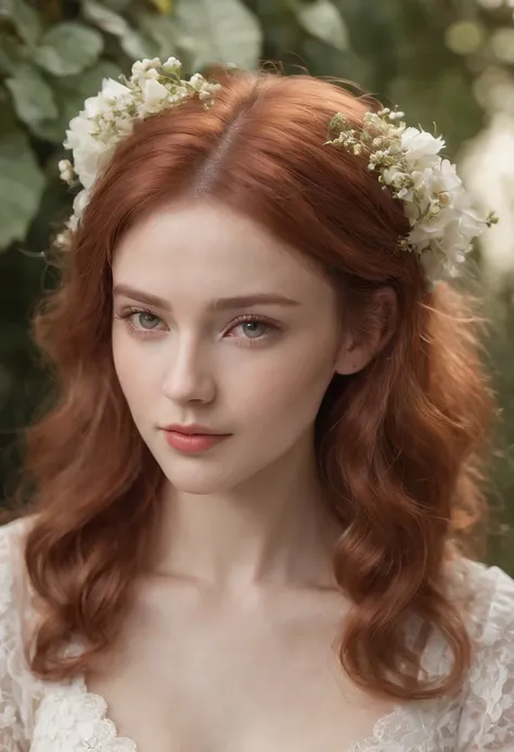 photoshoot of deborahWolf1, (redhair), (short frizzy hair)，sweet,detailed skin texture, (blush:0.2), (goosebumps:0.3), (white floral dress), subsurface scattering, Photorealistic, Hyperrealistic, analog style,demure, detailed skin, matte skin, soft lightin...