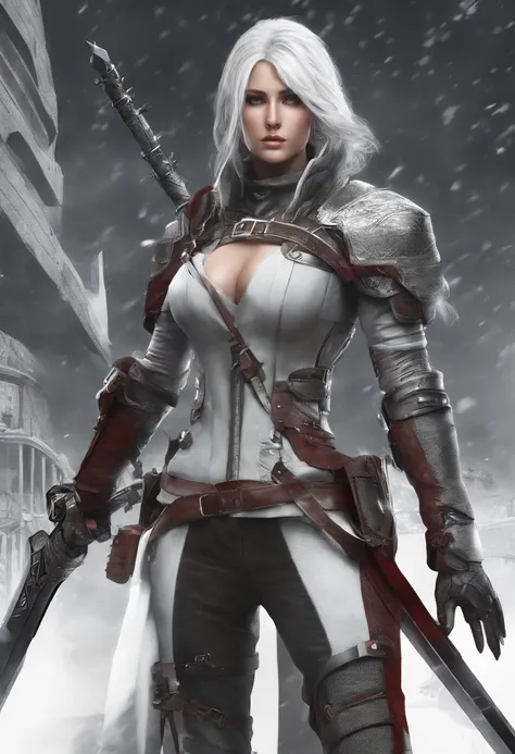 Cirilla Fiona Elen Riannon，Highest image quality，Outstanding details，超高分辨率，（Fidelity：1.4）, Favor the details，closeup cleavage，dawn，Snow，winter，Wizard Sword，He has a delicate and beautiful face，Red Japanese oni armor，Raised sexy，frontage，cyber punk perssona...