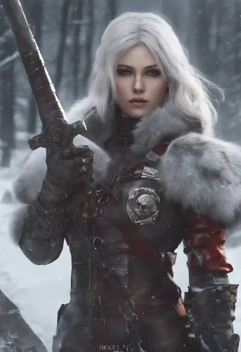 Cirilla Fiona Elen Riannon，Highest image quality，Outstanding details，超高分辨率，（Fidelity：1.4）, Favor the details，closeup cleavage，dawn，Snow，winter，Wizard Sword，He has a delicate and beautiful face，Red Japanese oni armor，Raised sexy，frontage，cyber punk perssona...