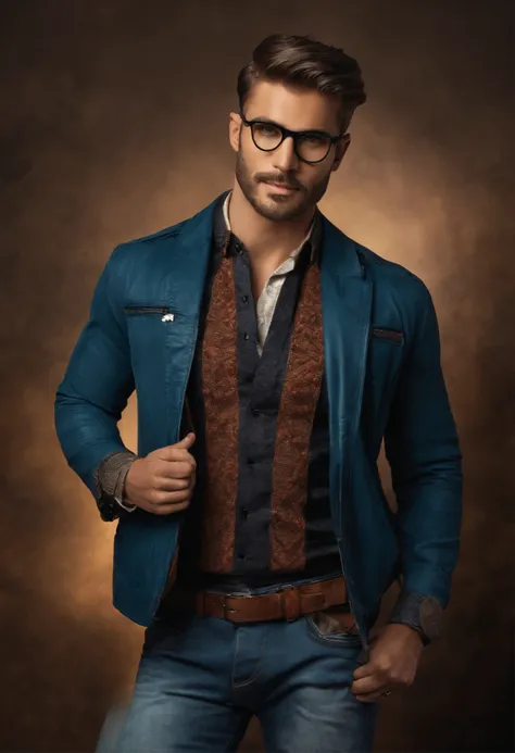 Produce an image featuring a handsome gentleman dressed in a fashionable jacket and jeans. He should be wearing eyeglasses and holding a creatively designed sign with the message Thanks for your heartfelt wishes.