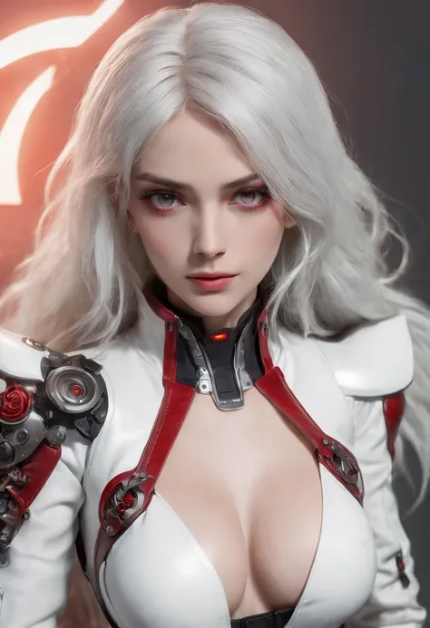 Cirilla Fiona Elen Riannon，Highest image quality，Outstanding details，超高分辨率，（Fidelity：1.4），The best illustration，Favor the details，closeup cleavage，A mech girl，He has a delicate and beautiful face，（（Red and white semi-mechanical body：1.8）），Raised sexy，cleav...