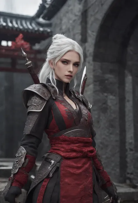 Cirilla Fiona Elen Riannon，Highest image quality，Outstanding details，超高分辨率，（Fidelity：1.4）, Favor the details，closeup cleavage，dawn，Snow，winter，Wizard Sword，He has a delicate and beautiful face，Red Japanese oni armor，Raised sexy，frontage，cyber punk perssona...