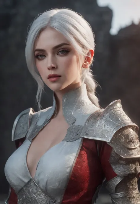 Cirilla Fiona Elen Riannon，Highest image quality，Outstanding details，超高分辨率，（Fidelity：1.4）, Favor the details，closeup cleavage，dawn，Snow，winter，Wizard Sword，He has a delicate and beautiful face，Red Japanese oni armor，Raised sexy，frontage，cyber punk perssona...