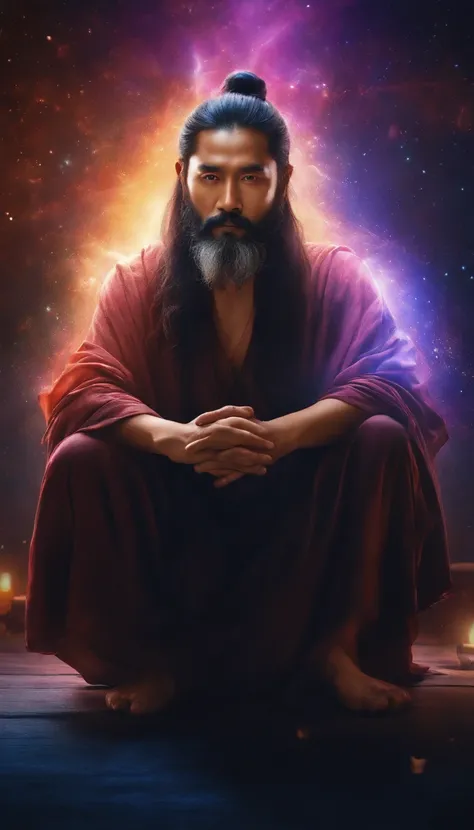 35-year-old middle-aged Asian man，Long hair，Long beard，staring right into camera，Meditate cross-legged, at centre，Clear facial features，Very bright colors, Light particles, with light glowing,, wallpaper art, UHD wallpaper