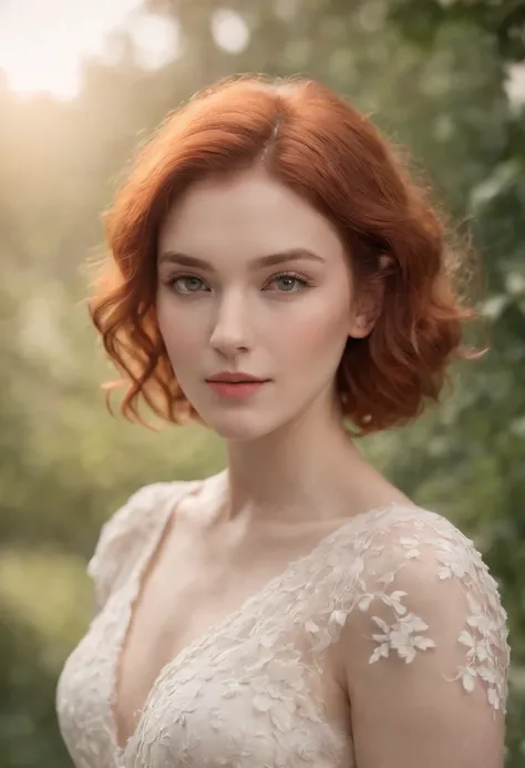 photoshoot of deborahWolf1, (redhair), (short frizzy hair cut)，floating hair,sweet girl,detailed skin texture, (blush:0.2), (goosebumps:0.3), (white floral dress), subsurface scattering, Photorealistic, Hyperrealistic, analog style,demure, detailed skin, m...