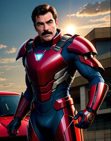 Tom Selleck como Anthony Stark, o homem de ferro dos anos 80, usando sua armadura original vermelha e amarela, undefeatable, imponente, next to a sports car, standing on her feet (corpo inteiro), in his right hand is the helmet of armor, clear sky, no clou...