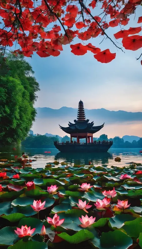 After all, West Lake is in mid-June，The scenery is not the same as the four oclock。Pick up the lotus leaves are infinitely blue，Lotus flowers are red。