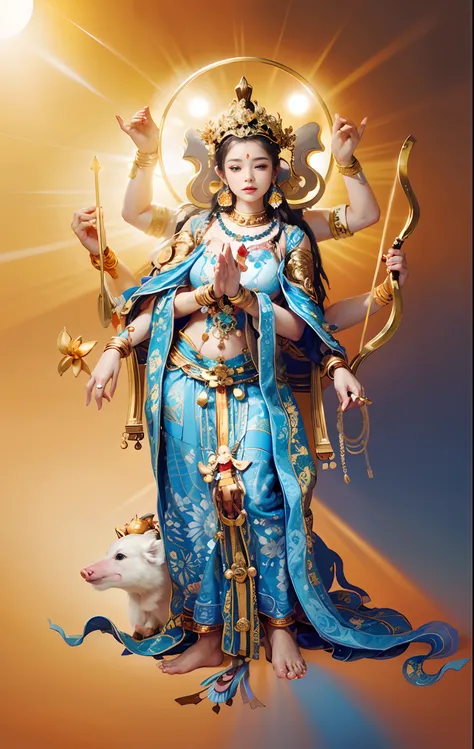 Beautiful woman sitting in a golden car, Look ahead，(((Golden lotus throne)))，The woman wears a light blue dress，Light blue pants，(((Head background with round light)))，(((Behind it is the sun)))，(((Women emit bright and dazzling blue light)))，Women have t...