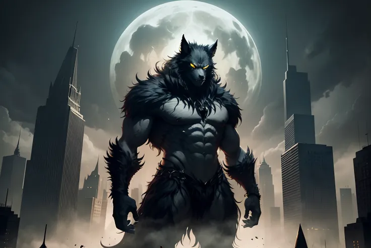 A 2-meter tall werewolf, Thick covering, Black fur, Almost incandescent yellow eyes. It stands calmly, Observe the city from above, Reminiscent of Gotham Citys Gothic style. This creature embodies the essence of Gothic horror，Reminiscent of the world "were...