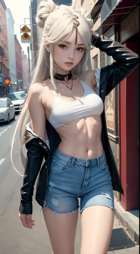 ((medium breast, tomboy girls, small head)), daylight, sunlight, (chiseled abs : 1.1), (perfect body : 1.1), (long straight hair : 1.2) , silver hair, collar, chain, full body shot, crowded street, wearing black tanktop, jeans jacket, ((shorts)), (extremel...