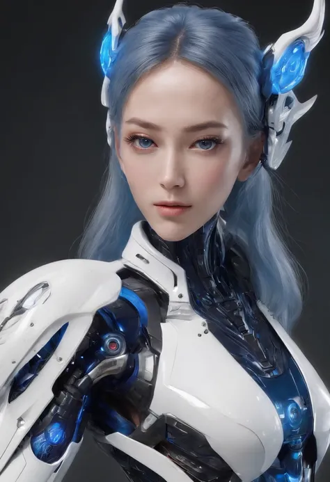 Highest image quality，Outstanding details，超高分辨率，（Fidelity：1.4）, Favor the details，closeup cleavage，The background is a scene of a cosmic celestial body，High-tech dragon knight mech，He has a delicate and beautiful face，（（Blue-white flying semi-mechanical fu...