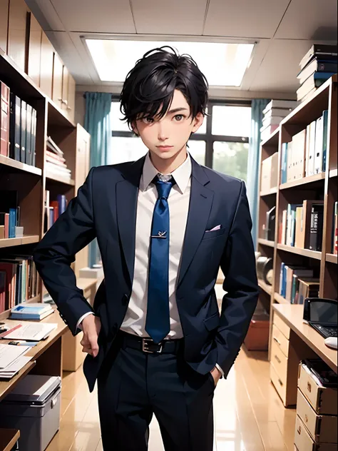 1boy,11 only、(Mans :2),(bobhair:1.5)、A dark-haired、Dark blue suit、Brightly colored ties、Cluttered office、Evening lighting、hightquality、masutepiece,8K,hight resolution、