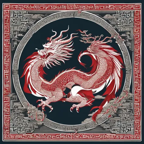 Flat paper cut style，contours，chinesedragon，Broom，Dragon，red colour，Clean cut，Paper，sharp-edged，Maximalism，color blocking