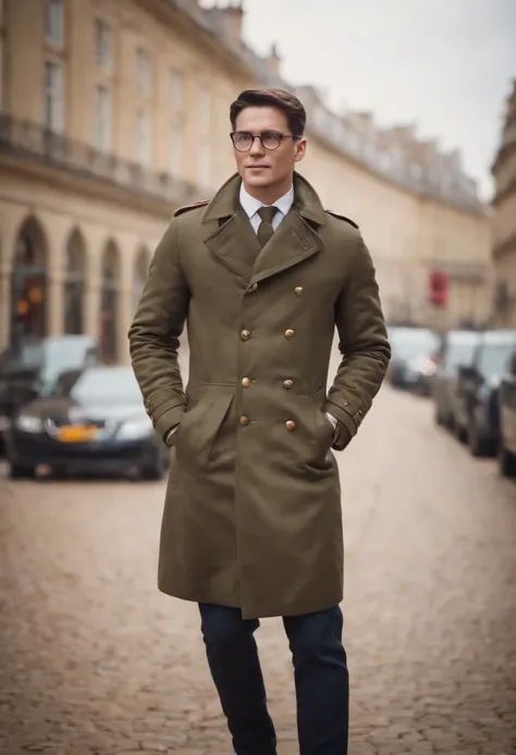 Create a visually striking representation of a charismatic gentleman dressed in a military-style coat. He should wear elegant spectacles and carry a beautifully designed sign displaying the message Thanks for your kind wishes.