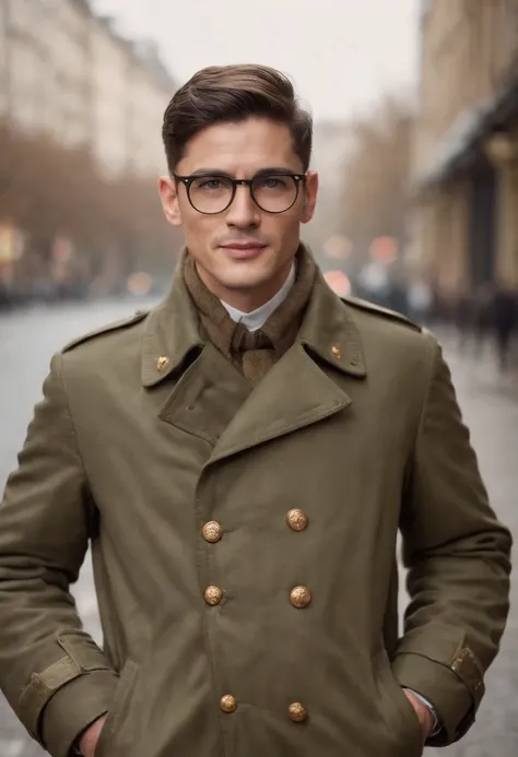 Create a visually striking representation of a charismatic gentleman dressed in a military-style coat. He should wear elegant spectacles and carry a beautifully designed sign displaying the message Thanks for your kind wishes.