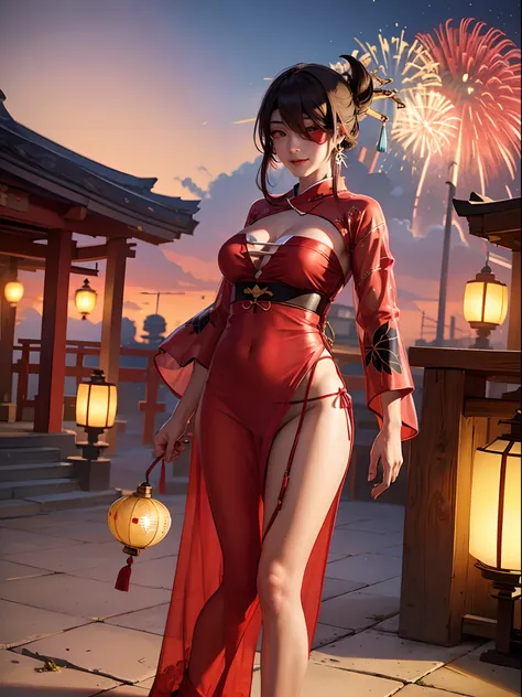 Beidou,(((red yukata))),((see through)), extremely detailed,(( thong))),grinning, realistic anime, summer festival,stalls, fireworks, cleavage, wide hips, 20 year old woman,((( Standing))), red eye patch