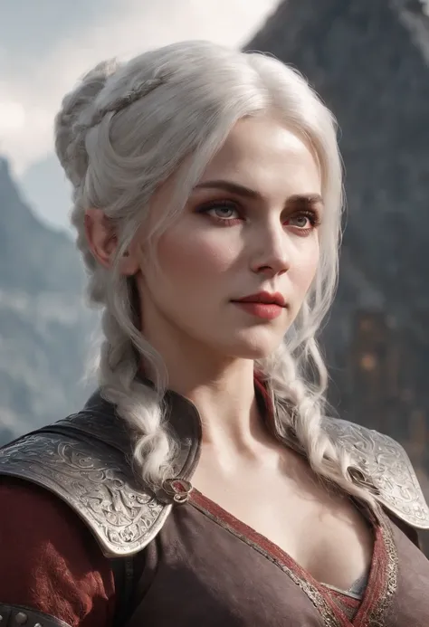 Cirilla Fiona Elen Riannon，Highest image quality，Outstanding details，超高分辨率，（Fidelity：1.4）, Favor the details，closeup cleavage，dawn，Snow，winter，Wizard Sword，He has a delicate and beautiful face，Red Japanese oni armor，Raised sexy，frontage，cyber punk perssona...