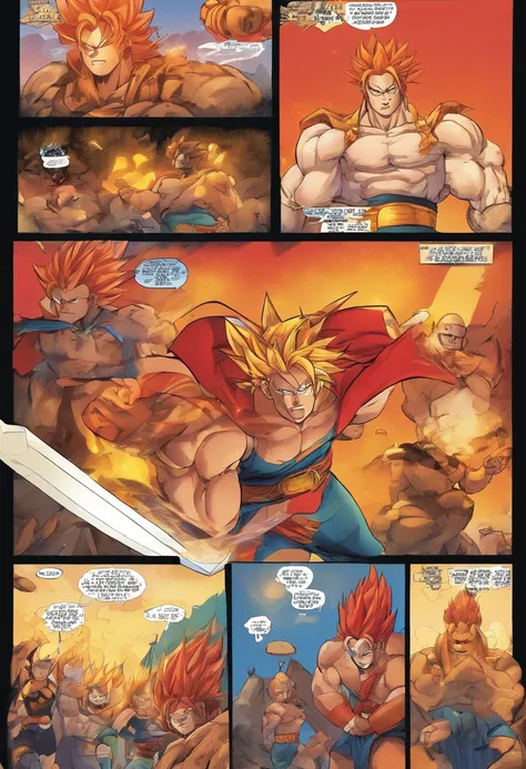 quadrinhos americanos, The comic is presented in 4 irregular panels with colors. Filho Goku, 1st grade, irritado, Dano de batalha, Branco, faixa azul, dentes rangedos, furioso, olhos vermelhos, Foco masculino, musculoso, musculoso masculino, Pecs, belt, so...