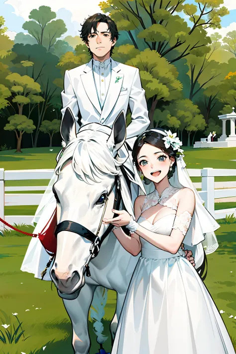 Bride and groom on the grass，The bride wears a white dress，an all white horse