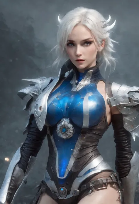 Cirilla Fiona Elen Riannon，Highest image quality，Outstanding details，超高分辨率，（Fidelity：1.4）, Favor the details，closeup cleavage，The background is a scene of a cosmic celestial body，High-tech dragon knight mech，He has a delicate and beautiful face，（（Blue-whit...