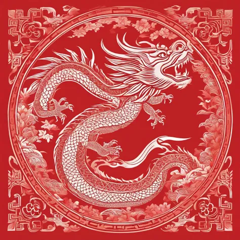 Flat paper cut style，contours，((chinesedragon))，Dragon，red colour，Clean cut，Paper，sharp-edged，Maximalism，Color blocking，((round form))