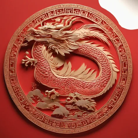 Flat paper cut style，contours，((chinesedragon))，Dragon，red colour，Clean cut，Paper，sharp-edged，Maximalism，Color blocking，((round form))