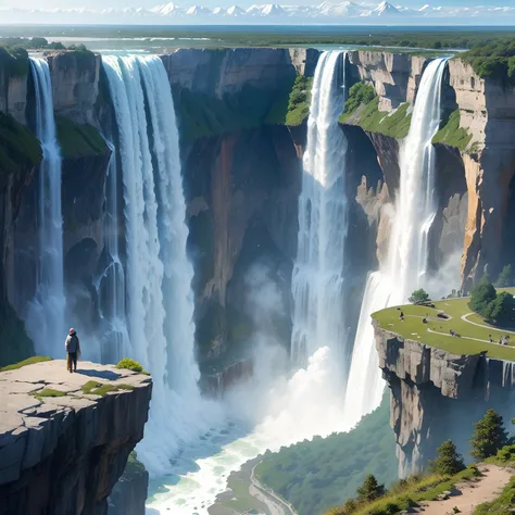 Giant waterfall，Huge cliffs Niagara Falls，ＳＦFantasyart，超A high resolution，Superb view surrounded by nature，Mysterious scenery，in isekai，planet earth，​masterpiece，Fantastical、