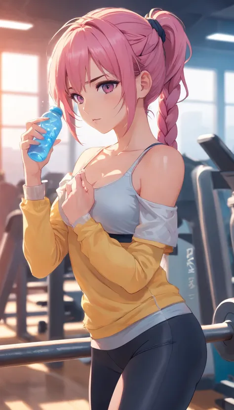 Super detailed portrait of 1 girl in leggings by ShoalBeat, sports bra, off-shoulder jacket, Braids and headbands, Strike a cowboy shooting pose in the gym, Pink hair, Symbol-shaped eyes, Sweaty and moist skin, Bring a water bottle,