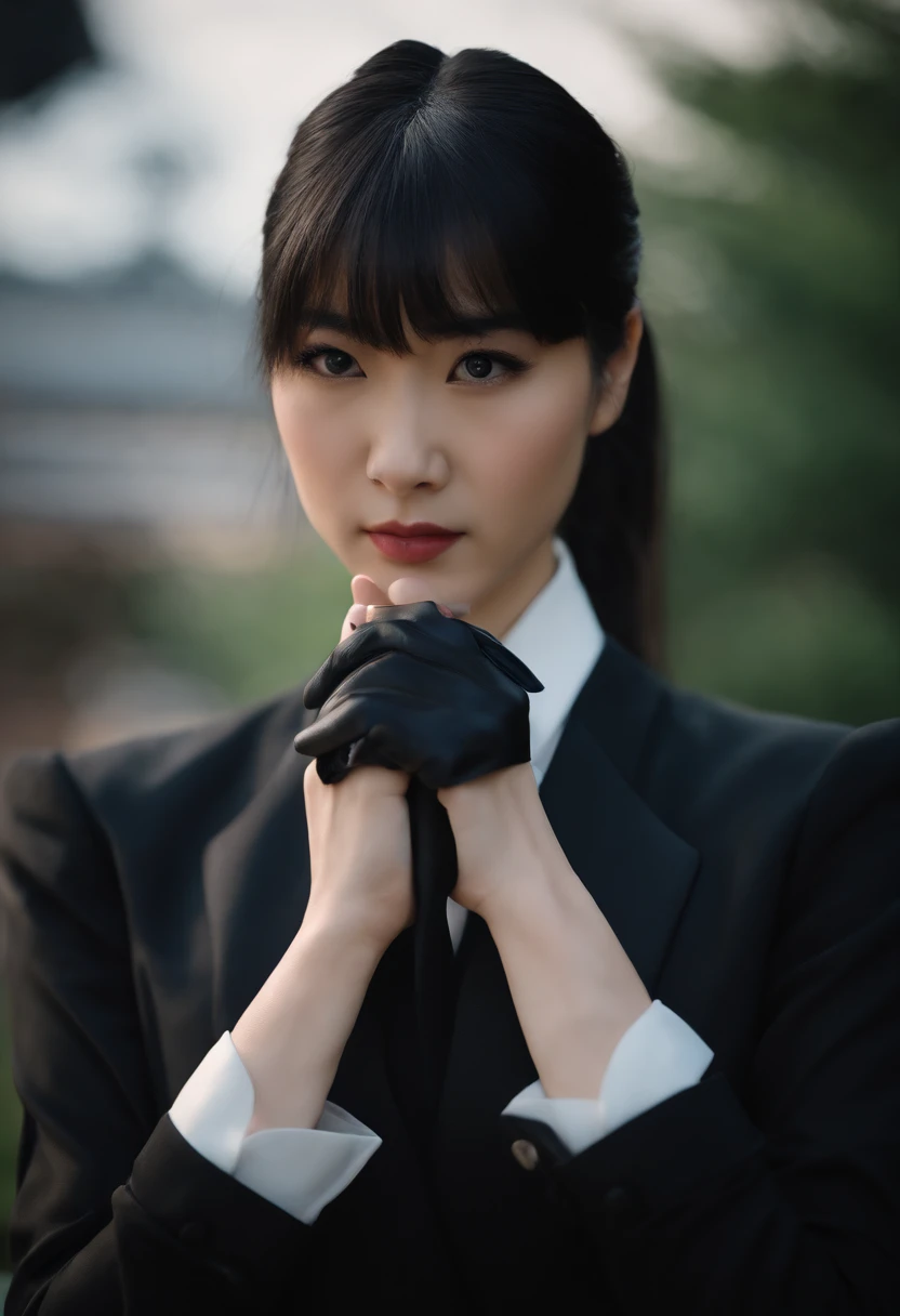 Black leather gloves, black suit, black hair, ponytail, Japanese girl, ribbon tie blouse, upper half