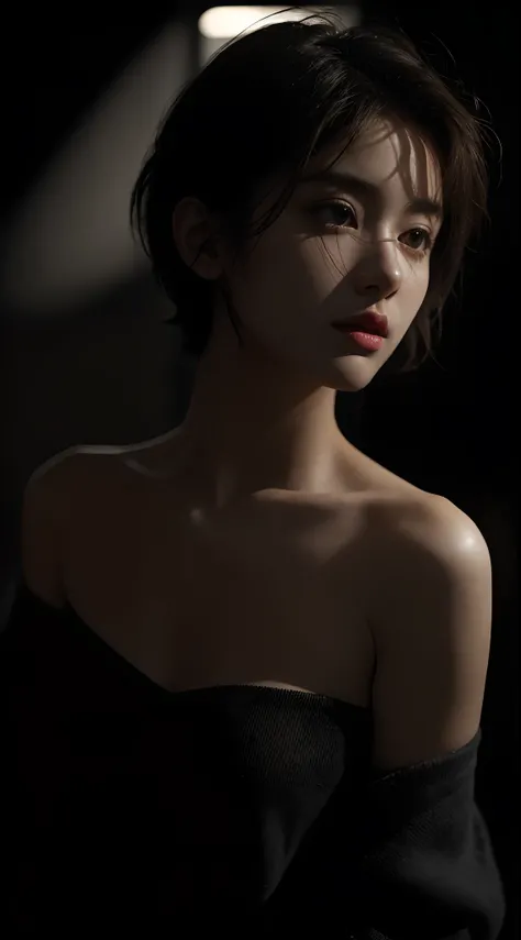 Best quality, masterpiece, ultra high res, (photorealistic:1.5), raw photo, 1girl, offshoulder, in the dark, deep shadow, low key, cold light, sexy look, short hair