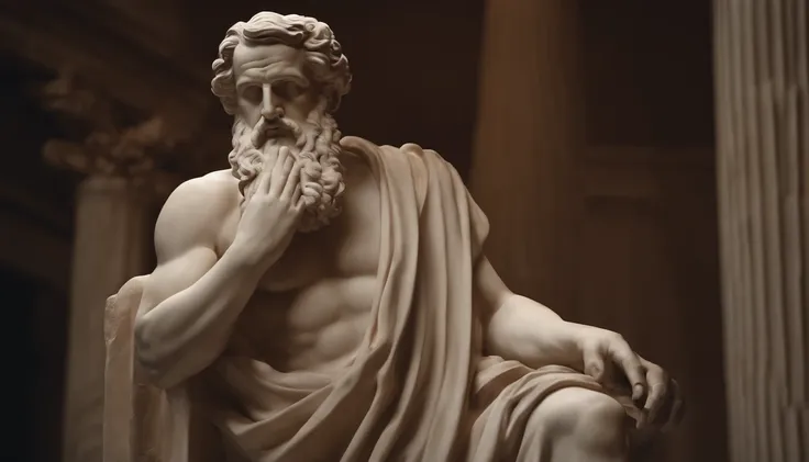 Statue of a Greek philosopher, rosto muito detalhado, barba grande, corpo normal, fundo escuro, 8k, ultra realistic