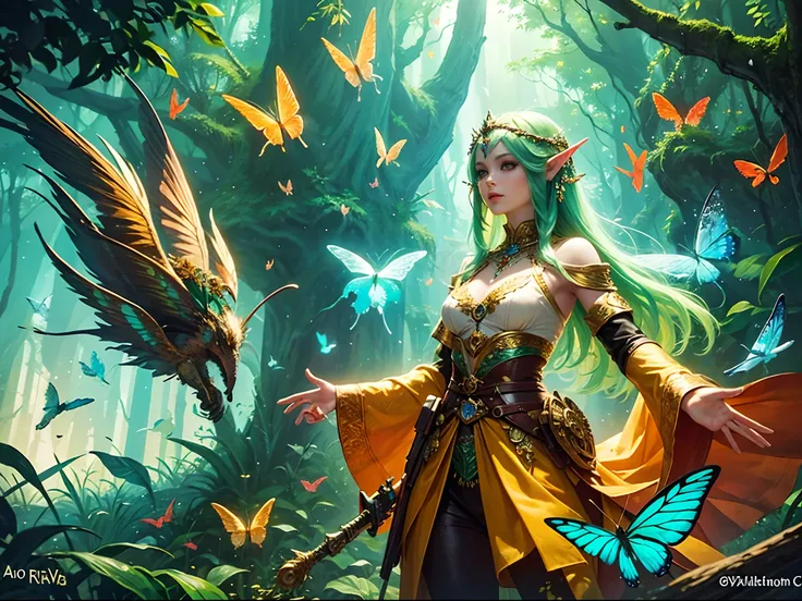 fantasy, jungle, fairy, Colorful birds, Elven Woman, Colorful butterflies, masterpiece, super detail, best quality