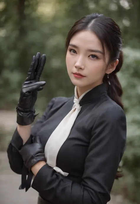 Black leather gloves, black suit, black hair, ponytail, Japanese girl, ribbon tie blouse, upper half