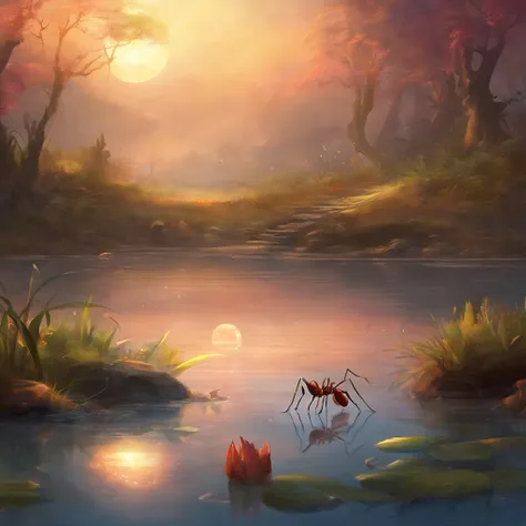 an ant with a crab by the river