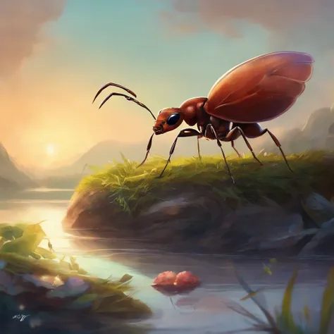 an ant with a crab by the river