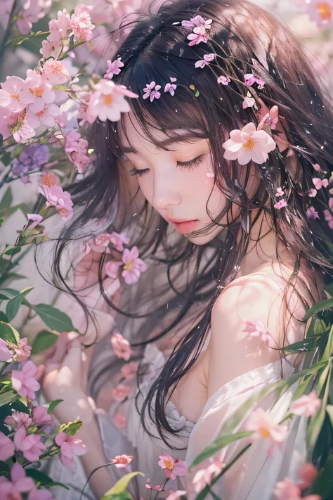 1womanl、Early 20s、(beauitful face:1.5)、Shower with a faint light、Shendin flower、From the overflowing tearbuds、Start smelling one by one、Distant spring、Give me love、And I hear your familiar voice