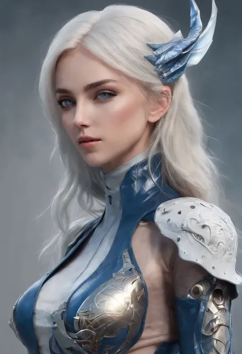 Cirilla Fiona Elen Riannon，Highest image quality，Outstanding details，超高分辨率，（Fidelity：1.4）, Favor the details，closeup cleavage，The background is a scene of a cosmic celestial body，High-tech dragon knight mech，He has a delicate and beautiful face，（（Blue-whit...