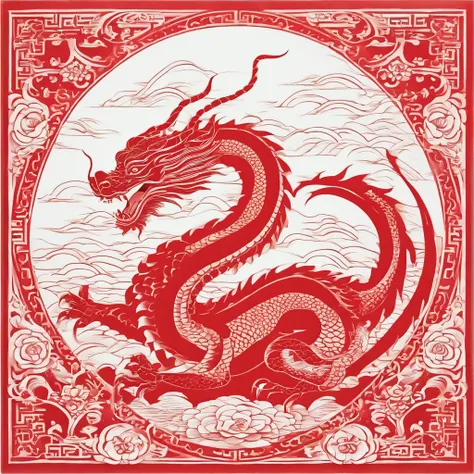 Flat paper cut style，contours，((chinesedragon))，Dragon，red colour，Clean cut，Paper，sharp-edged，Maximalism，Color blocking，((round form))