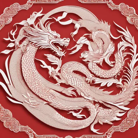 Flat paper cut style，contours，((chinesedragon))，Dragon，red colour，Clean cut，Paper，sharp-edged，Maximalism，Color blocking，((round form))