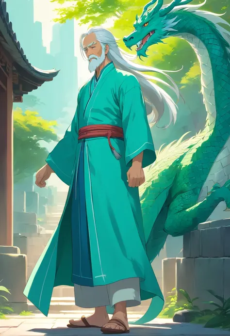 An ancient Chinese old man，long  white hair，Long white beard，Wearing a turquoise tunic，Behind him is the shadow of a green dragon，