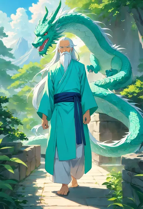 An ancient Chinese old man，long  white hair，Long white beard，Wearing a turquoise tunic，Behind him is the shadow of a green dragon，