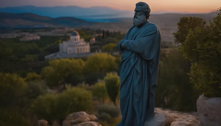 a strong Greek statue of a man, with a beard, happy, philosopher-style, with low lighting, dark environment, on a hill with a Greek city in the lower valley, 8k, realistic, detailed, masterpiece:1.2, ultra-detailed, portraits, vivid colors, HDR, fine sculp...