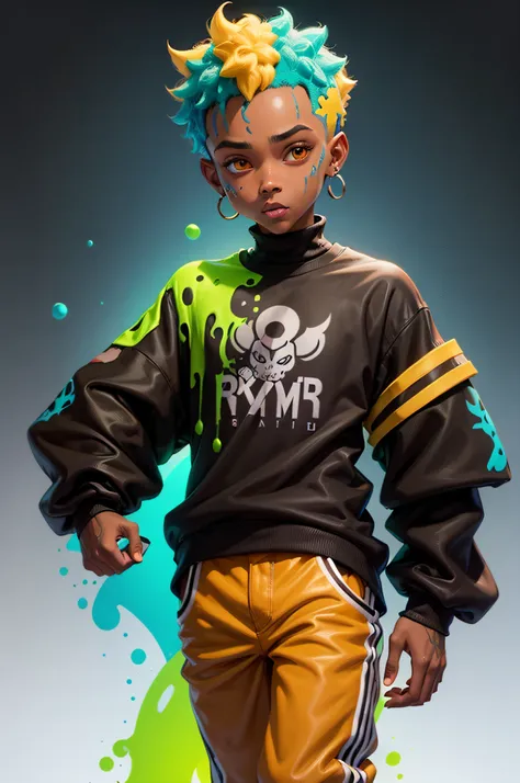 pixarstyle Monster Boy, Caramel Brown skin Black boy moor, Bald Hairstyle, Streetwear, Full Slime Body, colors neon, risa loca, malvada