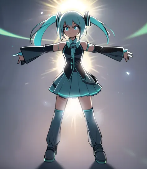 Big breasts Hatsune Miku，hatsune，（The light from the back window is backlighted），Stand in front of a tall building，(((eye closeds)))，Blue-green double ponytail，(((Clean and refreshing coloring style))),gray clothes，a black skirt，black over-the-knee socks，T...