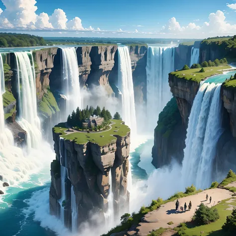 Giant waterfall，Huge cliffs Niagara Falls，ＳＦFantasyart，超A high resolution，Superb view surrounded by nature，Mysterious scenery，in isekai，planet earth，​masterpiece，Fantastical、