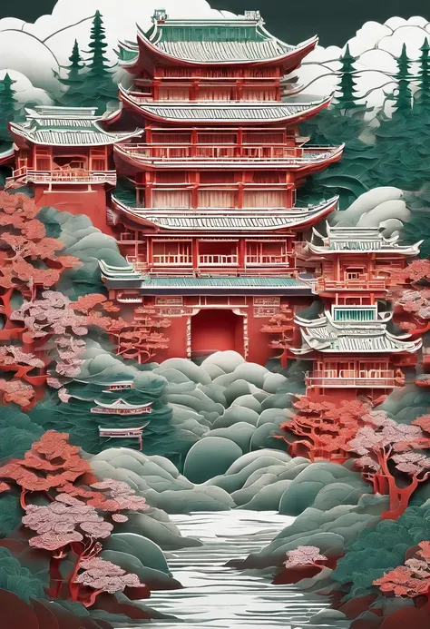 A magnificent complex of Chinese buildings，Standing among green mountains and waters。The whole work is filled with tranquility and elegance，It seems to transport the viewer to an ancient and mysterious wonderland。
The paper-cutting artist depicts the detai...