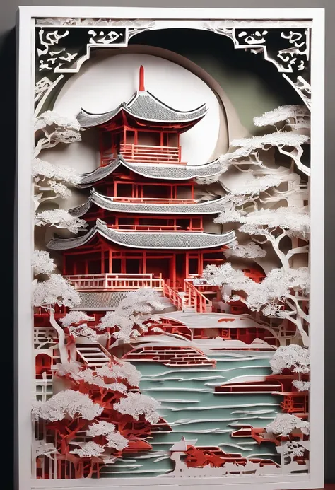 A magnificent complex of Chinese buildings，Standing among green mountains and waters。The whole work is filled with tranquility and elegance，It seems to transport the viewer to an ancient and mysterious wonderland。
The paper-cutting artist depicts the detai...